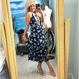 First Monday, Navy Floral Ruffle-Hem Tiered Dress, Side-zip closure, Size Small